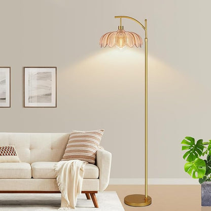 Vintage Floor Lamps for Living Room Glass Floor Lamp with Remote Control & 3 Color Temperature,Dimmable Floor Lamp Gold Mid Century Modern Standing Lamp Brass Tall Floor Lamps for Bedroom Corner