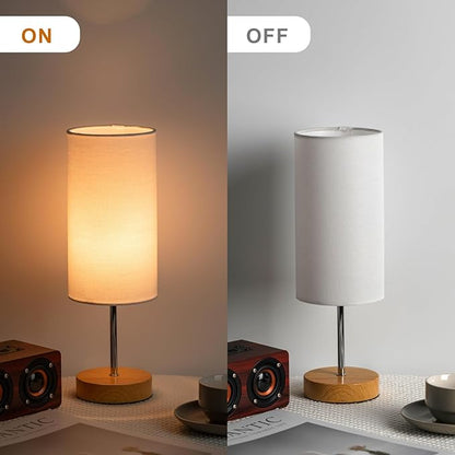 Small Table Lamp for Night Stands, Round White Fabric Shade and Wood Base, Modern Minimalist Bedside Lamps for Bedroom Dresser, Living Room, Dffice Desk, College Rorm, Warm Light, 5W LED Bulb Included