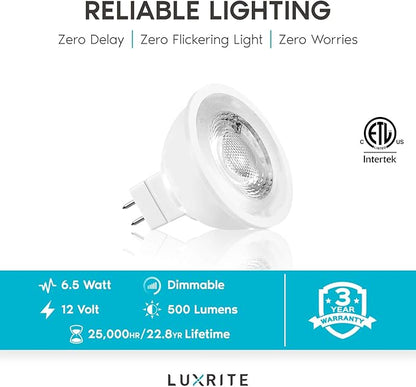 LUXRITE MR16 LED Bulb 50W Equivalent, 12V, 3000K Soft White Dimmable, 500 Lumens, GU5.3 LED Spotlight Bulb 6.5W, Enclosed Fixture Rated, Perfect for Track and Home Lighting (24 Pack)