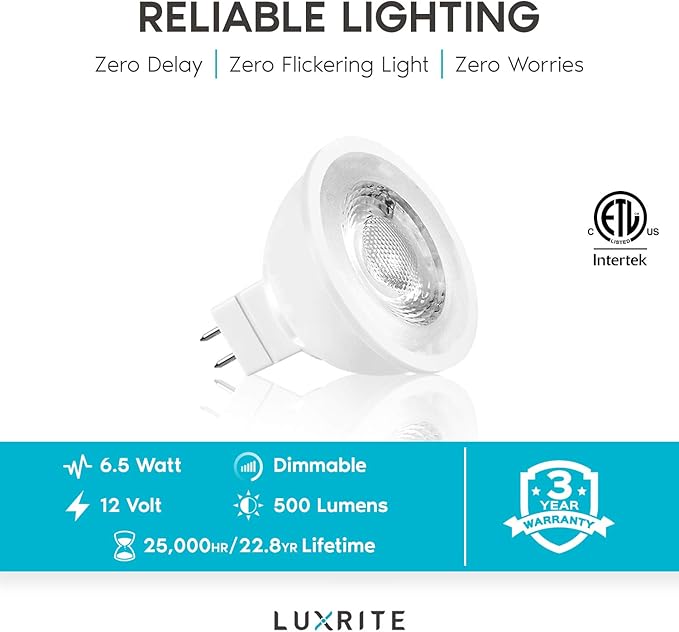 LUXRITE MR16 LED Bulb 50W Equivalent, 12V, 2700K Warm White Dimmable, 500 Lumens, GU5.3 LED Spotlight Bulb 6.5W, Enclosed Fixture Rated, Perfect for Track and Home Lighting (24 Pack)