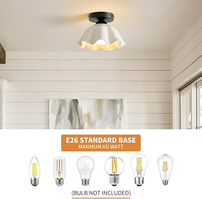 2 Pack Semi Flush Mount Ceiling Light - Flower Glaze Ceramic, Black Vintage Hallway Light Fixtures, White Globe Ceiling Lights, Mid Century Small Light Fixture for Cottage Entryway Laundry Room Foyer
