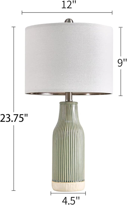 23.75" Modern Green Ceramic Table Lamp Set of 2 for Living Room, Farmhouse Bedside Nightstand Lamp for Bedroom Home Office Dorm