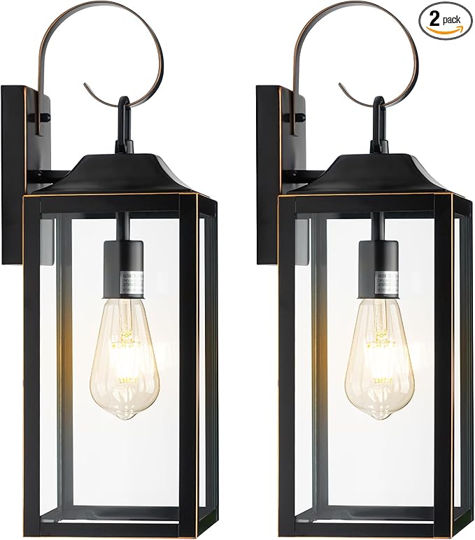 19" Large Outdoor Wall Light Fixtures, 2 Pack Black Exterior Light Fixtures Wall Sconces Porch Lights Outdoor, Waterproof Outdoor Lighting for House Garage Entryway-with Gold Trim