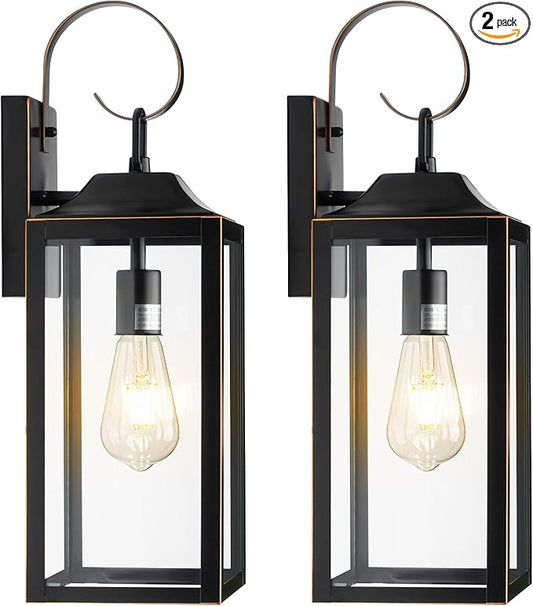 19" Large Outdoor Wall Light Fixtures, 2 Pack Black Exterior Light Fixtures Wall Sconces Porch Lights Outdoor, Waterproof Outdoor Lighting for House Garage Entryway-with Gold Trim