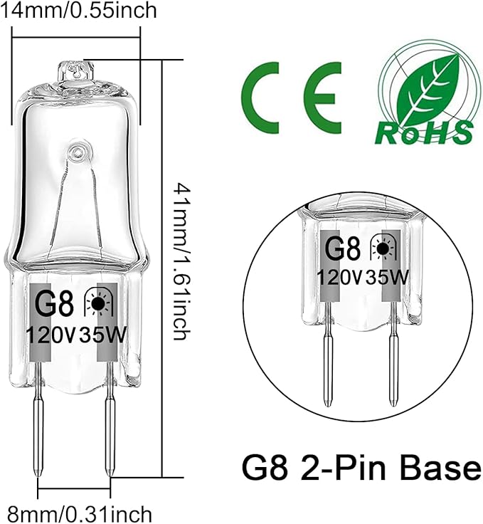 Halogen G8 Light Bulb 35W 120V T4 JCD Type Bi-Pin Base (12 Pack) Dimmable for Under Cabinet Puck Lighting, Warm White 2700K