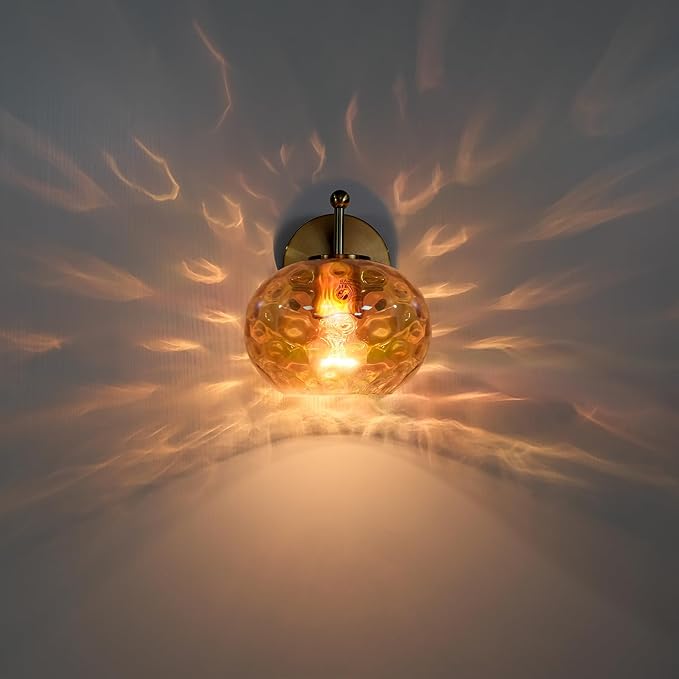 7" Glass Shade Replacement for E26 Pendant Lights, Champagne Hammered Globe Lampshade for Wall Sconce, Dia 7", Height 5", Fitter 1.65" (Amber - 1 pc)