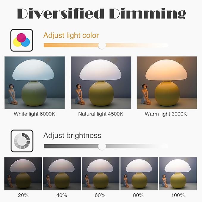 Cute Small Mushroom Lamp, PE Lampshade, Ceramic Spherical Base, Adjustable Light Color and Brightness, Safe USB Powered, Energy-Saving LED Mushroom Light for Bedroom Living Room (Cream)