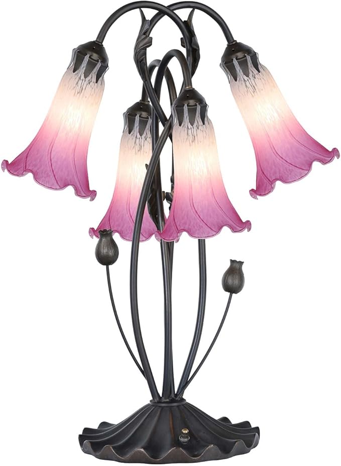 Bieye L10848 Lily Flower Blown Glass Accent Table Lamp for Living Room Bedroom Decoration (4-Light, Pink)