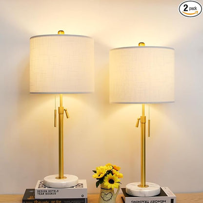 Table Lamps for Bedrooms Set of 2, 22" to 30" Height Adjustable Nightstand Lamps with Linen Shade, Pull Chain Switch Lamps for Living Room, 3 Way Dimmable Beside Lamp