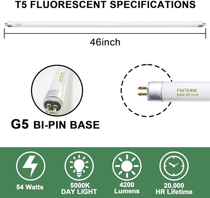 amgolibi 25 Pack, F54T5/850/HO/ALTO T5 54 Watt, 46 Inches T5 High Output 5000K Fluorescent Tube 54W Light Bulb, 5/8'' Diameter G5 Base 4350 Lumens