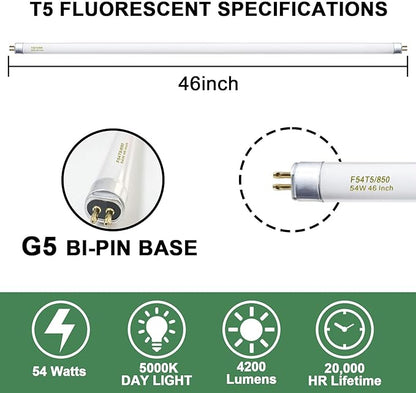 amgolibi 25 Pack, F54T5/850/HO/ALTO T5 54 Watt, 46 Inches T5 High Output 5000K Fluorescent Tube 54W Light Bulb, 5/8'' Diameter G5 Base 4350 Lumens