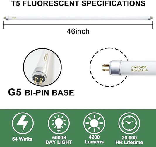 amgolibi 25 Pack, F54T5/850/HO/ALTO T5 54 Watt, 46 Inches T5 High Output 5000K Fluorescent Tube 54W Light Bulb, 5/8'' Diameter G5 Base 4350 Lumens