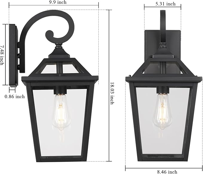 Outdoor Wall Lantern, Black Exterior Light Fixture Wall Mount with Clear Glass for Front Porch, 18 Inch Tall Waterproof Outdoor Wall Sconces Lamp Outside for House, Doorway, Garage, Patio