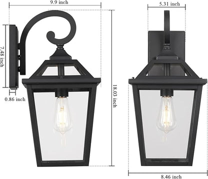 Outdoor Wall Lantern, Black Exterior Light Fixture Wall Mount with Clear Glass for Front Porch, 18 Inch Tall Waterproof Outdoor Wall Sconces Lamp Outside for House, Doorway, Garage, Patio