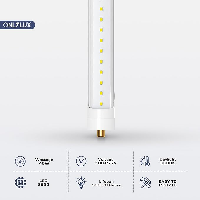 T8 8ft LED Bulbs, F96T12 Led Replacement 8 Foot Led Lights, 6000K 40W 4800LM (100W 8' Fluorescent Equivalent),Single Pin FA8 Base, 110V 120V 277V Input, Clear Cover (10 Pack)