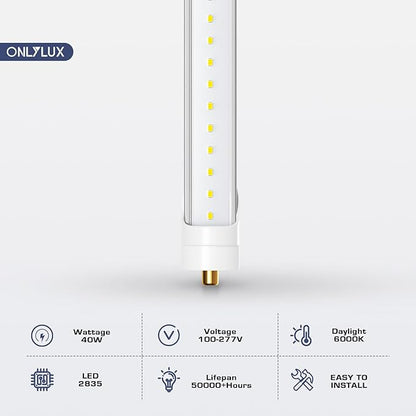 T8 8ft LED Bulbs, F96T12 Led Replacement 8 Foot Led Lights, 6000K 40W 4800LM (100W 8' Fluorescent Equivalent),Single Pin FA8 Base, 110V 120V 277V Input, Clear Cover (10 Pack)