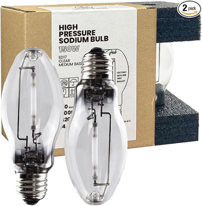 LU150/MED High Pressure Sodium Light Bulb, 150 Watts, ED17/MED, Medium Base (E26), ANSI Code S55, 16200 Lumen, 24000 Life Hours, Clear Bulb, 2100K, 2 Pack