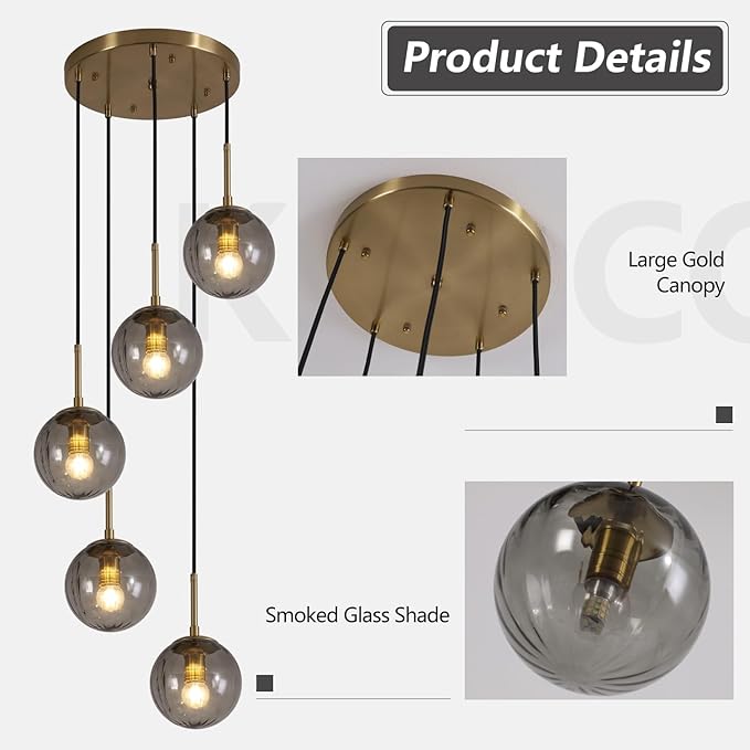 KCO Lighting 5 Light Cluster Pendant Lighting Smoke Glass Globe Chandelier Multi Pendant Light Fixture Gold Cluster Pendant Light Modern Staircase Chandelier