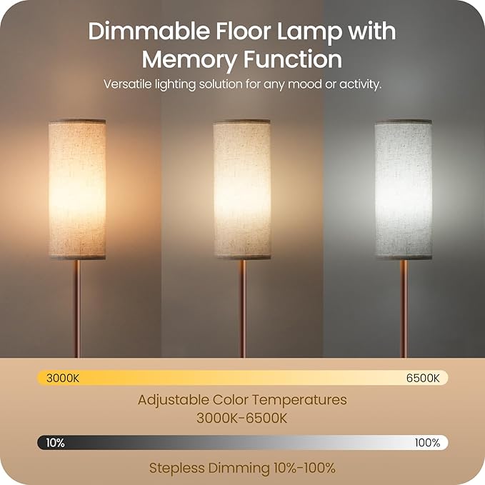 Dimmable Floor Lamps for Living Room with Remote and Foot Switch, 64.4” Modern Standing Tall Lamp, Corner Lamp for Bedroom, Office, Bulb Included, 3000K-6500K, Beige and Brown VW06LD05W1