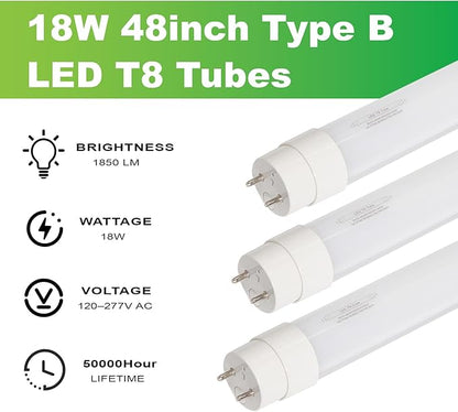 25-Pack T8 LED Tube Lights 4FT, 18W LED Bulbs 4 Foot Ballast Bypass, 5000K Daylight, Type B, G13, F32T8 Replacement for Fluorescent, Frosted
