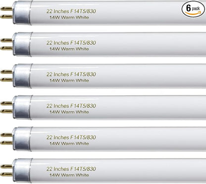 22 Inch T5 Fluorescent Light Bulb 14 Watt F14T5/WW Compatible with Sylvania Satco Philips GE Under Cabinet Lamp Light 3000K Warm White 800 Lumen G5 Base 6 Count