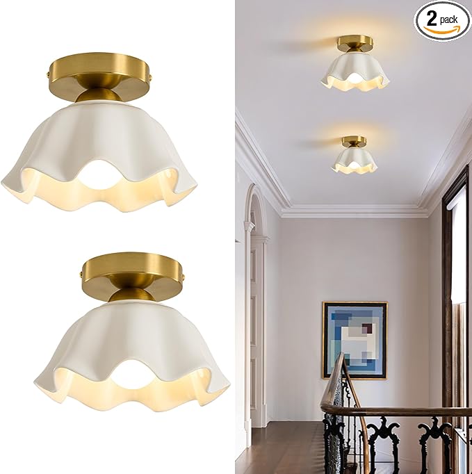 Glaze Ceramic Semi Flush Mount Ceiling Light - 2 Pack, Vintage Gold Hallway Light Fixtures, Flower White Globe Ceiling Lights, Mid Century Small Light Fixture for Cottage Entryway Laundry Room Foyer