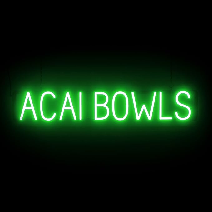 SpellBrite ACAI BOWLS Sign | Cafe-Related Sign with Neon Look, Green LED Light Source | 37.2" x 6.3"