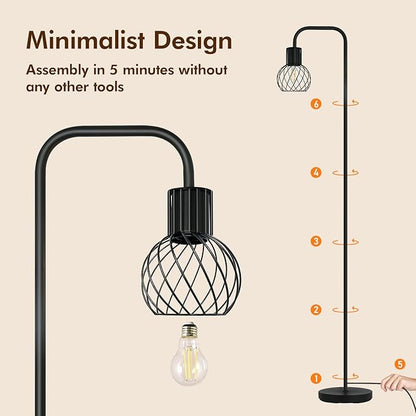 Floor Lamp, Industrial Floor Lamp for Living Room, Modern Standing Lamp with 6W LED Bulb, Foot Switch, Minimalist Pole Lamp Vintage Farmhouse Stand Up Lamps for Bedroom, Office, Book Nook,Black