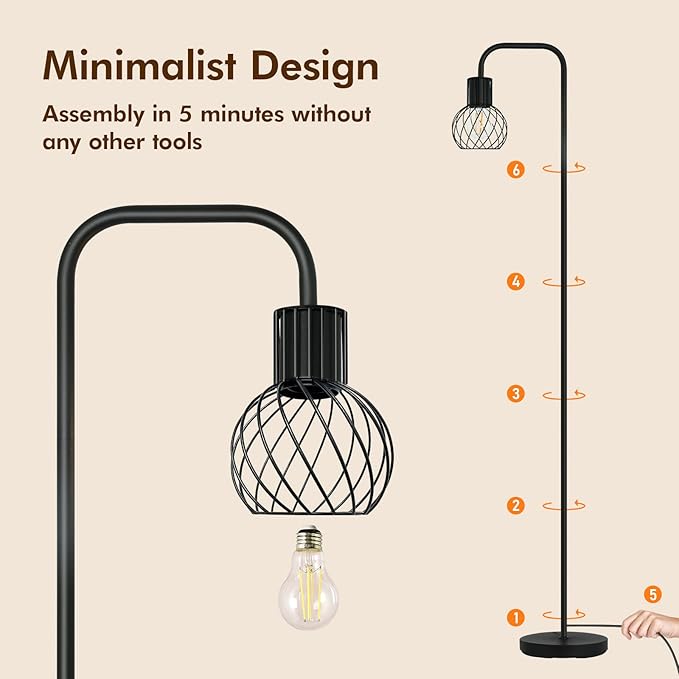 Industrial Floor Lamp, LED Standing Lamp Modern with 6W LED Bulb, Foot Switch, Metal Tall Lamps for Living Room, Bedroom, Office, Vintage Stand Up Light, Minimalist Farmhouse Floor Lamp in Black