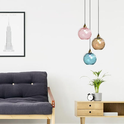 15cm/5.9’’ Industrial Vintage Spherical Glass Pendant Light, E26 Ceiling Hanging Lamp, Gold Finish & Ripple Glass Globe Shade, Dining Room Bedroom Chandelier (Pink)