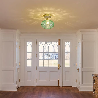 Green Glass Semi Flush Mount Ceiling Light - 2 Pack,7.9 Inch Hammered Glass Hallway Light fixtures Ceiling, Vintage Gold Art Deco Ceiling Light for entryway Foyer Laundry Room Kitchen