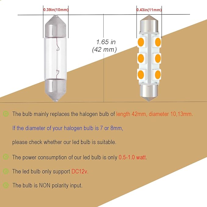 42mm DC 12V 578 LED Festoon Bulb 211-2 212-2 569 6413 LED Bulbs Gold Amber for Automotive Interior Dome Door Trunk Lights 360 deg Non Polarity(Pack 6)