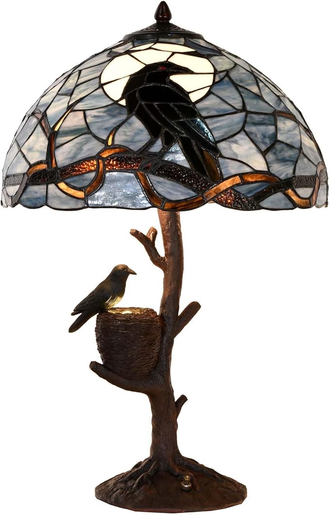 Bieye L10968 Raven Sitting on Bare Tree Branch in Full Moon Night Tiffany Style Stained Glass Table Lamp for Home Decor (Dark Blue, 16Wx24H Nest)