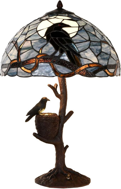 Bieye L10968 Raven Sitting on Bare Tree Branch in Full Moon Night Tiffany Style Stained Glass Table Lamp for Home Decor (Dark Blue, 16Wx24H Nest)