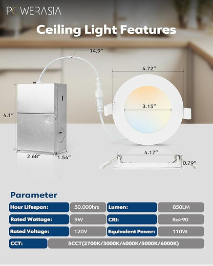 12 Pack 4 Inch Ultra-Thin LED Recessed Ceiling Light with Junction Box, 5CCT Dimmable 2700K/3000K/4000K/5000K/6000K, 9W 850lm Can Killer Downlight-ETL and Energy Star Certified