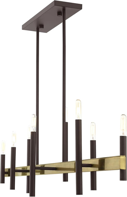 Livex Lighting 49338-07 8 Light Bronze Linear Chandelier, Bronze w/ Antique Brass Accents, 9.25 x 48 x 42