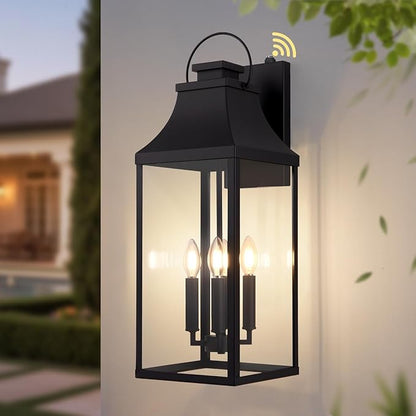 tewei 25'' Dusk to Dawn Outdoor Wall Light, Large Black Outdoor Porch Light Waterproof Patio Lanterns, Exterior Wall Mount Lighting Fixtures, 4-Light Outside Garage Sconces for House Front, 1-Pack
