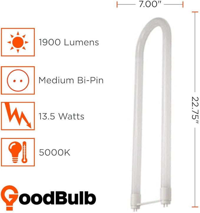 GoodBulb 13W T8 U Bend Fluorescent 6" Tube 5000K Daylight Medium Bi-Pin Base 1900 Lumesn 50000 Life Hours 13 Watts Car Dealership Lighting 10 Pack