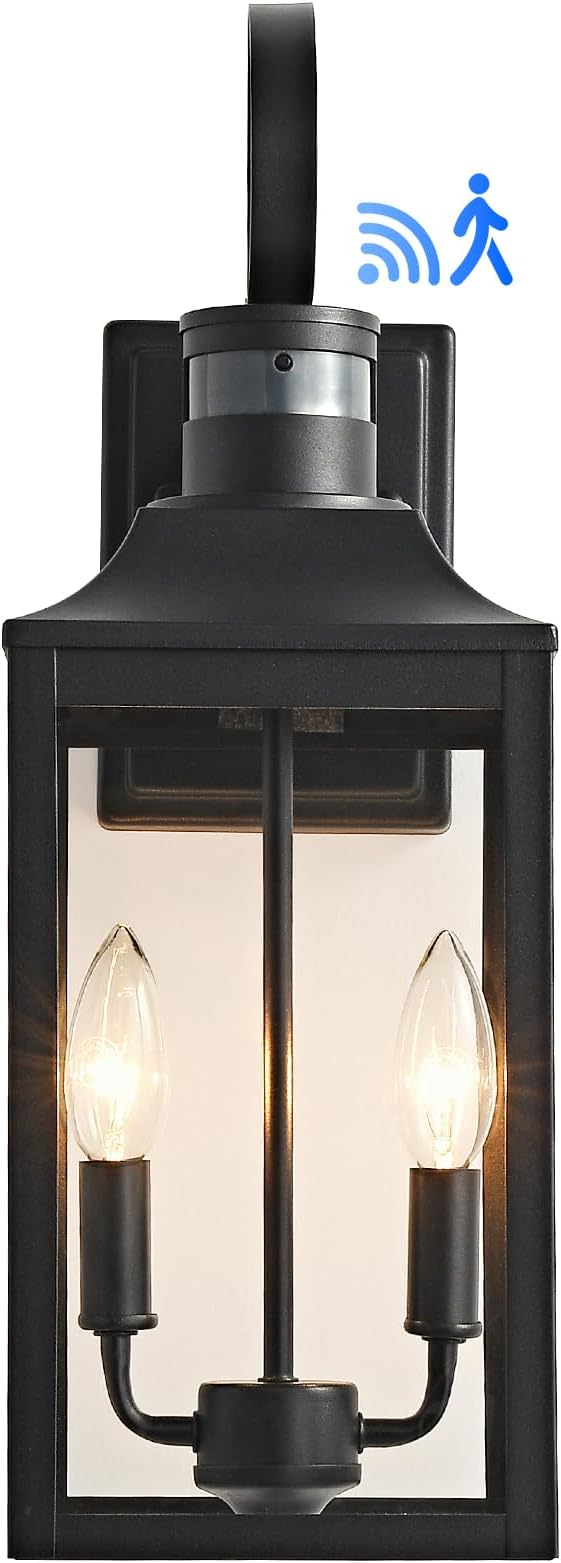 18.9" Black Motion Sensor Outdoor Wall Lantern, 2-Light Farmhouse Porch Light with Clear Glass Waterproof Exterior Light Fixture for Porch, Patio, and Garage 1 Pack Bulb Included