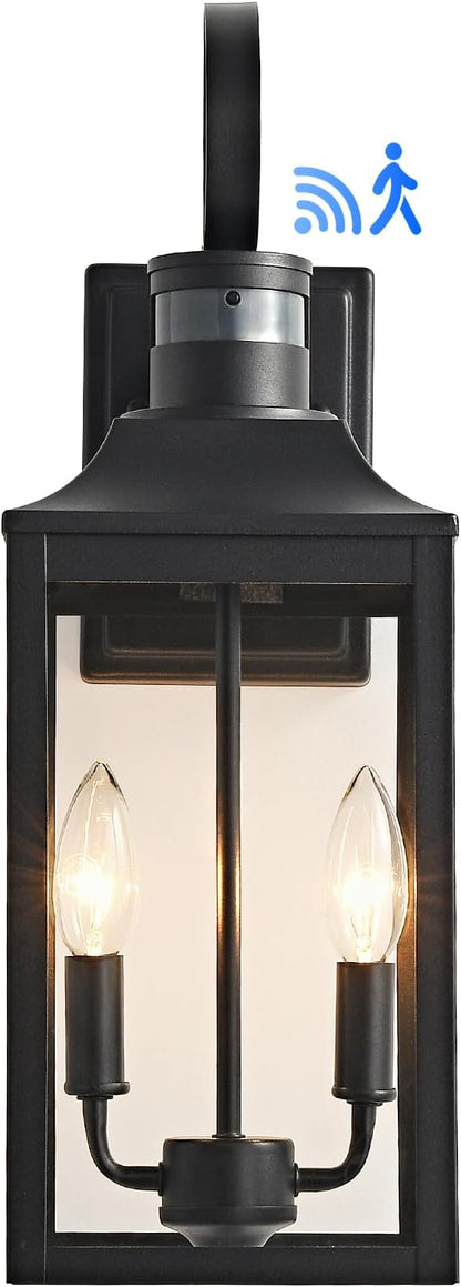 18.9" Black Motion Sensor Outdoor Wall Lantern, 2-Light Farmhouse Porch Light with Clear Glass Waterproof Exterior Light Fixture for Porch, Patio, and Garage 1 Pack Bulb Included