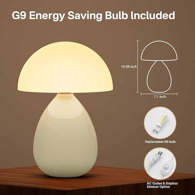 Mushroom Lamp Table Lamp for Bedroom,Ice Crackle Desk Lamp Bedside Small Lamps for Living Room Night Stands,Table Lamps Cute Modern Mid Century Lamps(Cream-Ice Crackle)