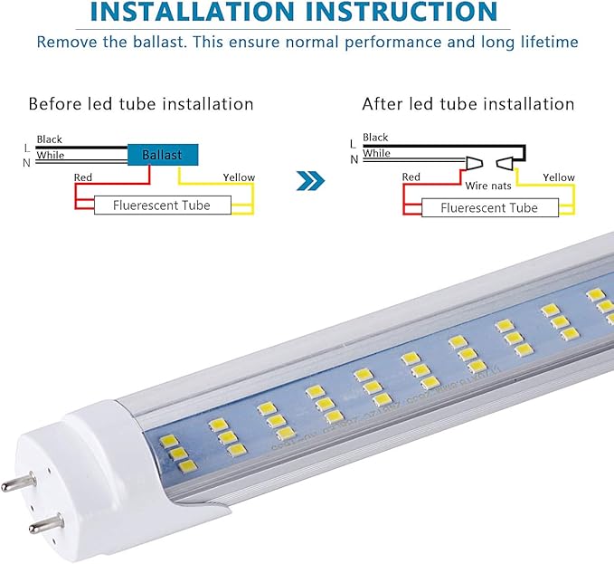 25PCS, T8 T12 4FT LED Type B Light Bulbs, 60W 7500LM 6000K Cold White 3 Rows, T8 Led Bulbs 4 Foot, Dual-end Powered