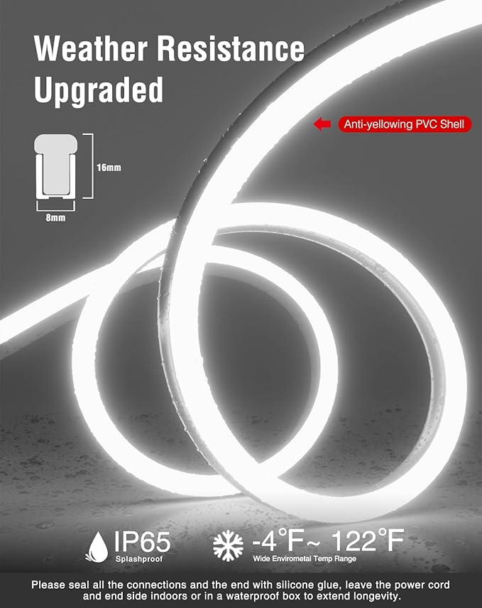 Shine Decor LED Neon Rope Lights AC 120V, Expandable & Cuttable 120LEDs/M Bright Strip Lighting, ETL Cold-Resistant & IP65 Waterproof for Indoor Outdoor, 8x16mm, 6300K Cool White, 98.4ft