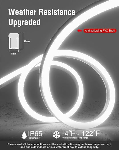 Shine Decor 50FT/15M LED Neon Rope Lights, Cool White AC 110V-120V Neon LED Strip Lights, Flexible Waterproof SMD2835 120LEDs/M Indoor Outdoor Ropes Lights, Bright Ambient Lighting Decoration