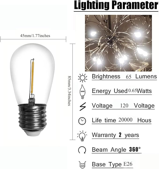 E26 S14 LED Outdoor String Light Bulb, 0.65W (7W Equivalent) Daylight White 6000K UL Listed CRI80, 120V, E26 Medium Base, Non-Dimmable, Shatterproof & Waterproof S14 String Light Bulb, Pack of 25