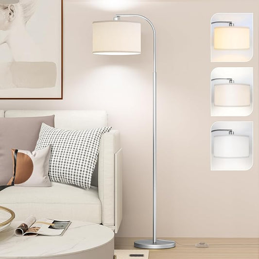 Arc Floor Lamps for Living Room with 3 Color Temperatures, Modern Floor Lamp Reading Light with 9W Bulb Included, Standing Lamp with Adjustable White Hanging Shade for Bedroom Office(Silver)