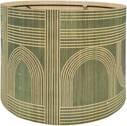 Rustic Bamboo Drum lamp Shade with Decorative Geometric Green Figure,Groovy Unique ideal for living room bedroom, easy assemble, size 11.8x9Inch