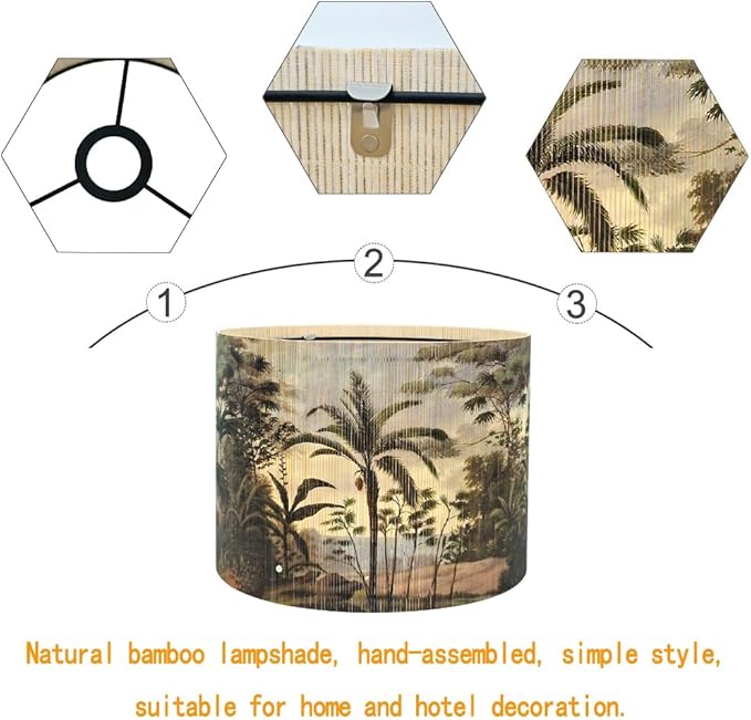 Bamboo Lampshade With Tropical Plants green floral Design, Suitable For Floor Lamps And Desk Lamps, Art deco, Rustic And Elegant, Groovy Unique(11.8 * 9Inch) (Tropical Palm Tree)
