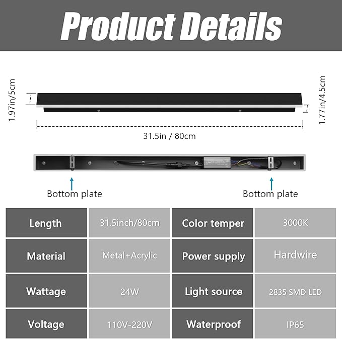 2 Pack 31.5inch Long Outdoor LED Wall Lights 24W Black 3000K Warm White Porch Lights Acrylic Waterproof IP65 Exterior Wall Light Fixtures for House Patio Porch Courtyard
