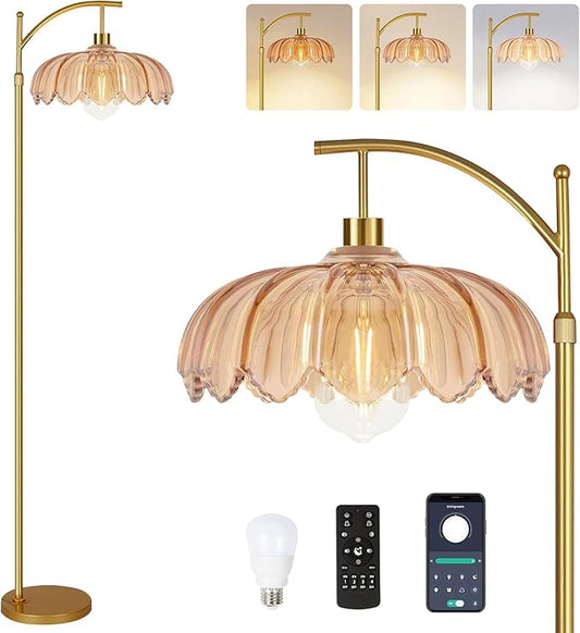 Floor Lamp for Living Room,Bedroom,Gold Dimmable Standing Lamp with Remote,Mid Century Modern Brass Tall Lamp Retro Vintage Glass Lamp Floor Light Boho Bohemian
